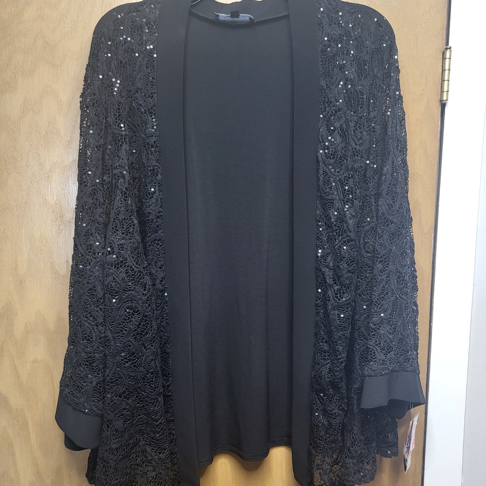 R&M Richards Black Sequin Crochet Open Cardigan